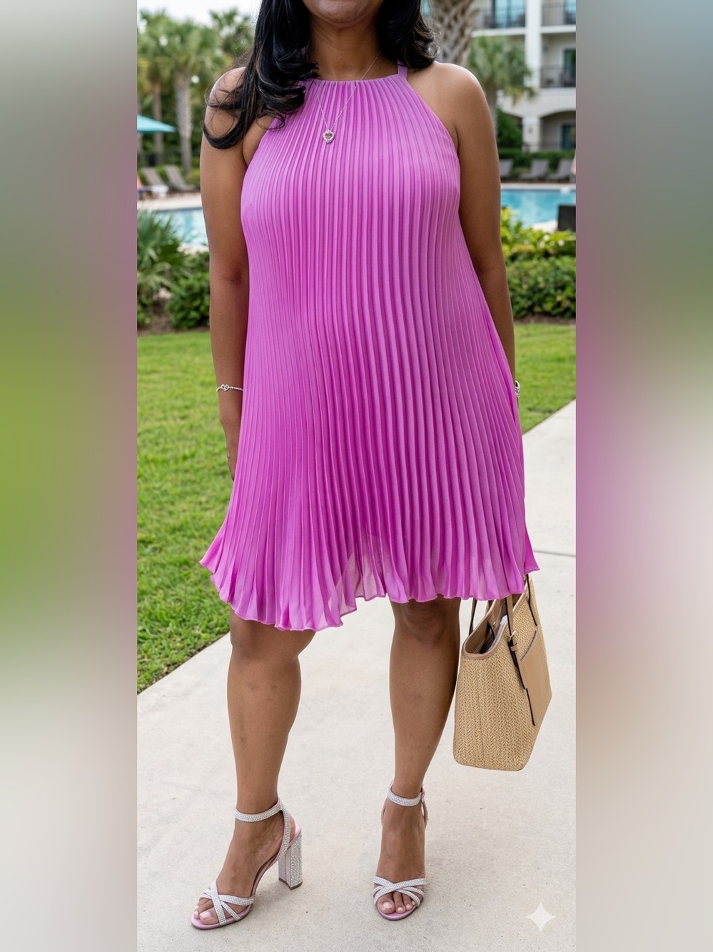 Nine West Pleated Pink Halter Dress